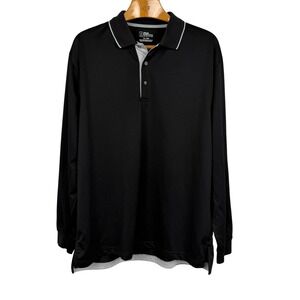 PGA Tour Mens XL Black‎ Long Sleeve Golf Polo Shirt Gray Trim Performance